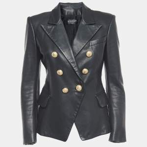 Balmain Black Leather Double Breasted Jacket M