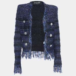 Balmain Blue Lurex Tweed  Fringed Open Front Jacket M