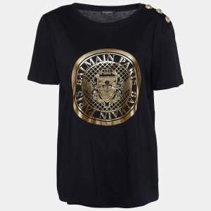 Pre Owned Balmain Black Metallic Logo Print Cotton Crew Neck T-Shirt M