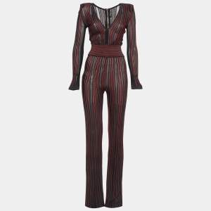 Balmain Black/Red Striped Stretch Sheer Jumpsuit S