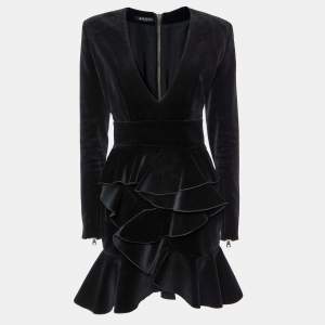 Balmain Black Velvet Ruffle Tiered Knee Length Dress M