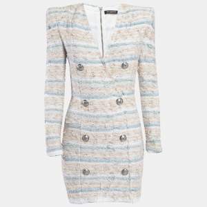 Balmain White/Blue Metallic Bouclé-Tweed Button-Embellished Mini Dress M