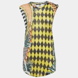 Balmain Vintage Multicolor Printed Linen Knit Buttoned Detail Tank Top M   