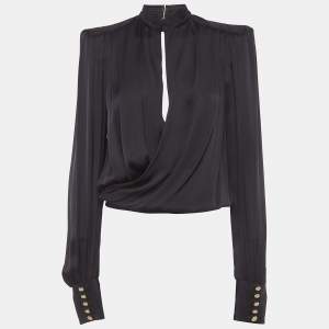 Pre Owned Balmain Black Satin Silk Deep Neck Draped Blouse S