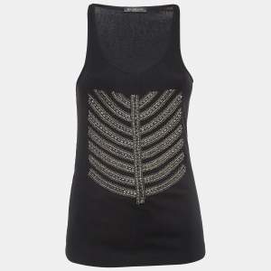 Pre Owned Balmain Black Cotton Knit Metallic Chain and Crystal Embellished Tank Top M