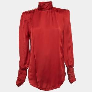 Balmain Red Silk Satin Button Embellished Cuffed sleeve Draped Blouse S