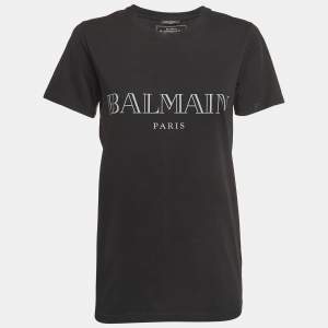Balmain Black Logo Print Cotton Crew Neck T-Shirt S