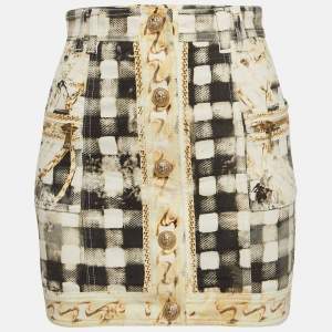 Pre Owned Balmain Grey Checked Cotton Buttoned Detail Mini Skirt S