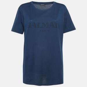 Balmain Navy Blue Logo Print Cotton Half Sleeve T-Shirt L