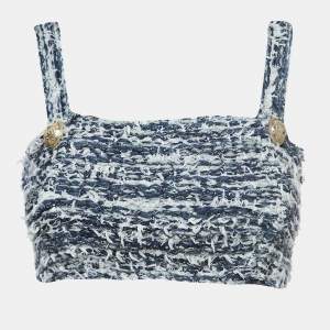 Pre Owned Balmain Blue Tweed Button Detailed Crop Top M