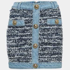 Balmain Blue Tweed Button Detailed Mini Skirt M