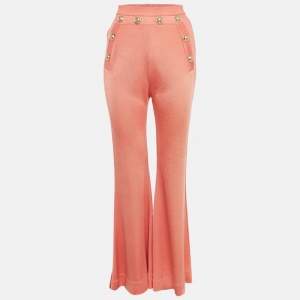 Balmain Orange Coral Knit Button Detailed Flared Trousers M