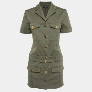 Balmain Military Green Gabardine Belted Shirt Dress S