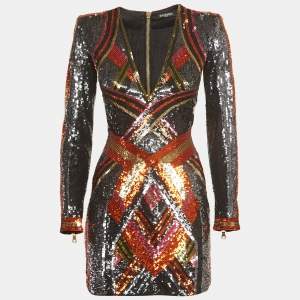 Balmain Multicolor Sequin V-Neck Mini Sheath Dress S