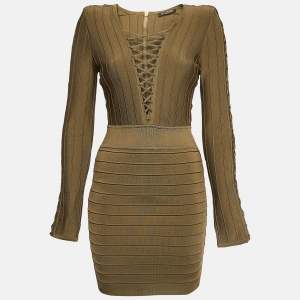 Balmain Olive Green Stretch Knit Lace-Up Mini Bodycon Dress S