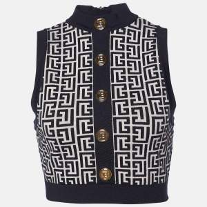 Balmain Black Monogram Wool Knit Crop Top S