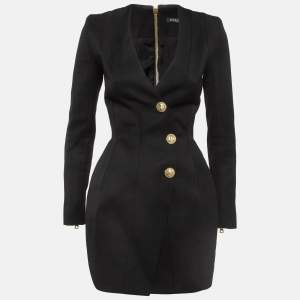 Balmain Black Wool Buttoned Front Long Blazer S