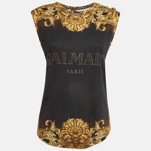 Balmain Black/Yellow Printed Jersey Sleeveless T-Shirt M