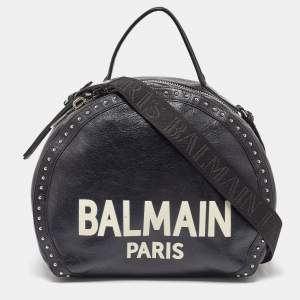 Balmain Black Leather Studded Logo Drum Top Handle Bag