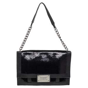 Balmain Black Leather and Sequin Flap Shoulder Bag