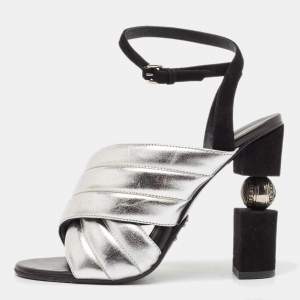 Balmain Silver Leather Cross Strap Slingback Mules Size 40