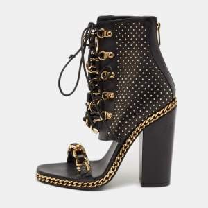 Balmain Black Leather Chain Lace Up Ankle Sandals Size 39
