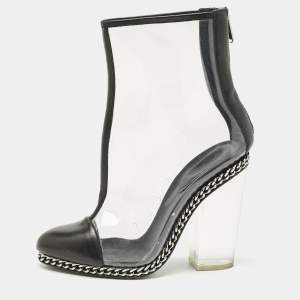 Balmain Black/Transparent Leather And PVC Cap Toe Ankle Length Boots Size 39