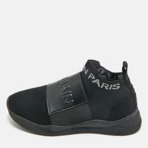 Pre Owned Balmain Black Knit Fabric and Leather Cameron Sock High Top Sneakers Size 37