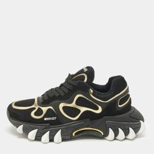 Pre Owned Balmain Black/Gold Leather and Suede B-East Lace Up Sneakers Size 37