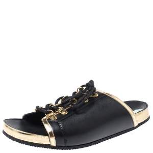 Balmain Black Leather Lace Up Flat Sandals Size 39