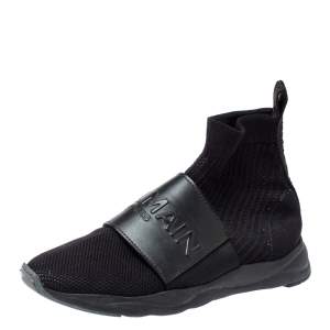 Balmain Black Fabric and Leather Cameron Sock Sneakers Size 40