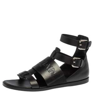 Balmain Black Leather Chris Embossed Logo Flat Sandals Size 41