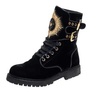Balmain Black Velvet Embellished Eagle Combat Boots Size 37
