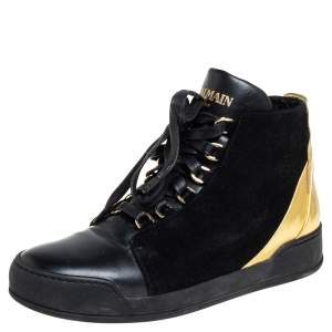 Balmain Black Suede And Leather High Top Sneakers Size 38