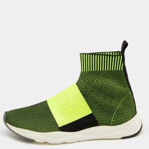 Balmain Neon Green Stretch Knit And Leather Cameron Embossed Logo High Top Sneakers Size 39