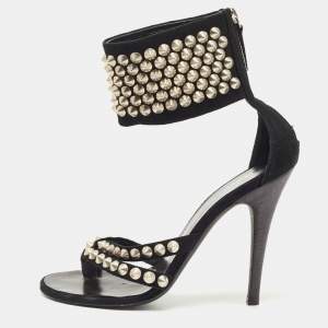 Balmain Black Suede Studded Ankle Cuff Sandals Size 38
