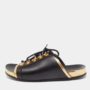 Balmain Black/Gold Leather Lace Up Slides Size 39