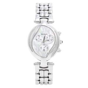 Pre Owned Balmain Mother of Pearl Stainless Steel Diamonds Excessive Chrono 5655 Women's Wristwatch 34 mm