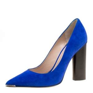 Barbara Bui Cobalt Blue Suede Metal Pointed Toe Block Heel Pumps Size 37