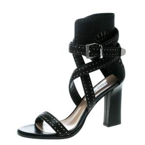 Barbara Bui Black Laser Cut Motif Perforated Leather Ankle Cuff Strappy Block Heel Sandals Size 37