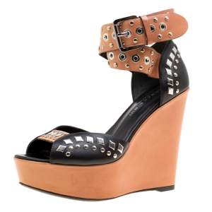 Barbara Bui Black/Brown Stud Eyelet Embellished Ankle Wrap Wedge Sandals Size 37