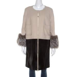 Barbara Bui Bicolor Cashmere Wool and Calf Hair Paneled Long Coat M