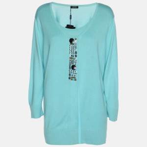 Pre Owned Basler Turquoise Stretch Knit Full Sleeve Shrug XL