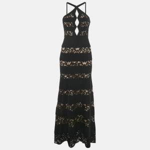 Pre Owned BCBGMAXAZRIA Black Cotton Blend Lace Detail Cut Out Katrina Gown XS