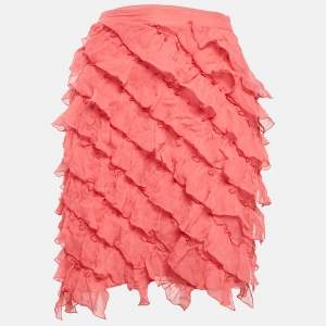 Blugirl Blumarine Pink Ruffled Chiffon Silk Pencil Skirt M