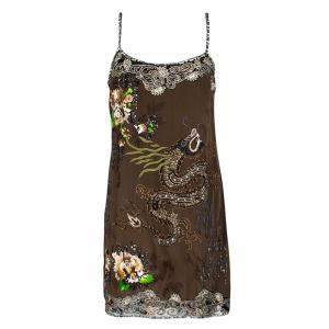 Blumarine Brown Dragon Embroidered Embellished Sleeveless Silk Tunic M