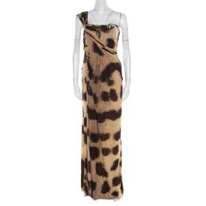 Blumarine Brown Animal Printed Embellished Ruched One Shoulder Dress M