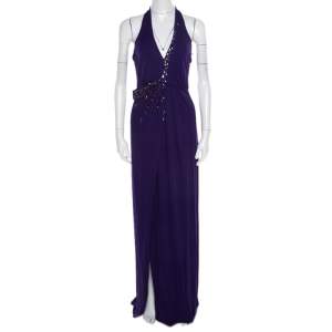 Blumarine Purple Embellished Draped Halter Gown S