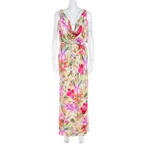 Blumarine Multicolor Floral Printed Silk Jersey Draped Sleeveless Maxi Dress S