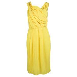 Pre Owned Boss by Hugo Boss Yellow Chiffon Sleeveless Drapira Dress S